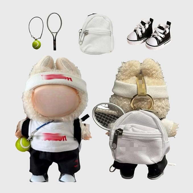 17 cm Doll Tennis Clothes Outfit，Clothing Accessories for Lububu Dolls，Sports Style Doll Set Outfits (7-Piece Set), Includes Top+Pants+Tennis Racket+Ball Charm+Shoes+Bag+Headband(RED+Black+White)