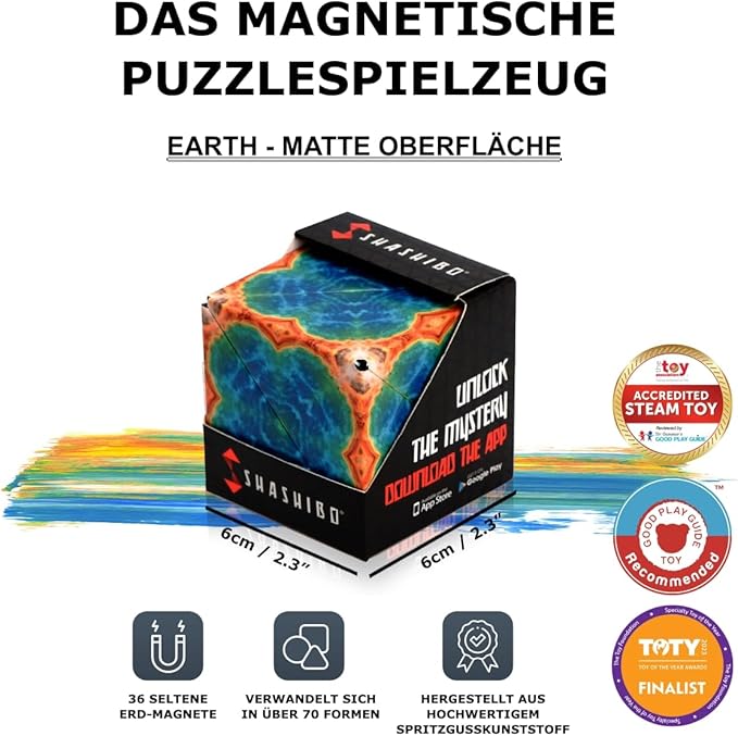 Shashibo Shape Shifting Box - STEM Fidget Toy with Ultra Strong Magnets - Sensory Puzzle Cube Transforms Into 100+ Shapes, Easter Basket Stuffers Gift for Kids, Teens, and Adults (Earth)