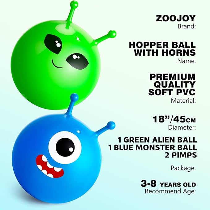 ZOOJOY Hopper Ball 2 Pack, 18In Bouncy Ball with Handle, Alien & Monste Horn Hop Balls Girls Boys Toys for for Sport/School/Team, Inflatable Kids Gifts for 3 4 5 6 7 8 Yr Old for Indoor Outdoor Game
