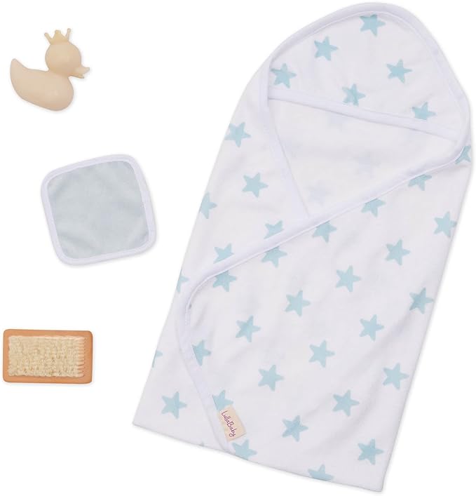 LullaBaby – 14" Baby Doll Accessories – Hooded Bath Towel in Blue Star Pattern – Bath Toys & Pink Ducky – Imaginative Play – Toys for Kids Ages 2 & Up – Baby Doll Bathtime Outfit