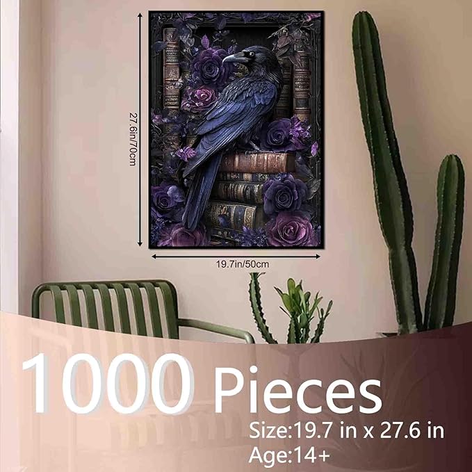 Halloween Purple Crow and Books Puzzle for Adults 1000 Pieces Raven Puzzle Intellectual Decompressing Fun Family Game Entertainment Toys Unique Home Decor Gifts 19.7 x 27.6 Inch
