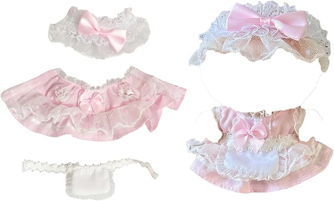 Pink Maid Outfit for 17cm Dolls - 3-Piece Lace Dress Set with Apron & Bonnet Headpiece, Kawaii Lolita Costume Compatible with Vinyl Face Pendant (No Doll) Style H