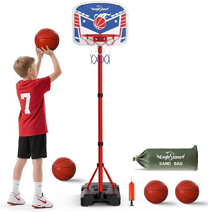 EagleStone Kids Basketball Hoop with Stand, Adjustable Height Basketball Set Toddler Toys for Boys and Girls Age 3-12, Indoor Outdoor Backyard Sport Game Gift with Sandbag for Stability