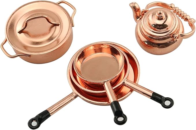 TAODAN Dollhouse Kitchen Cookware 1/12 Scale Miniatures Metal Frying Pans, Kettle, Copper Pots with Lids for Dollhouse Kitchen Accessories Christmas Birthday Gift Miniature Stovetop Cookware