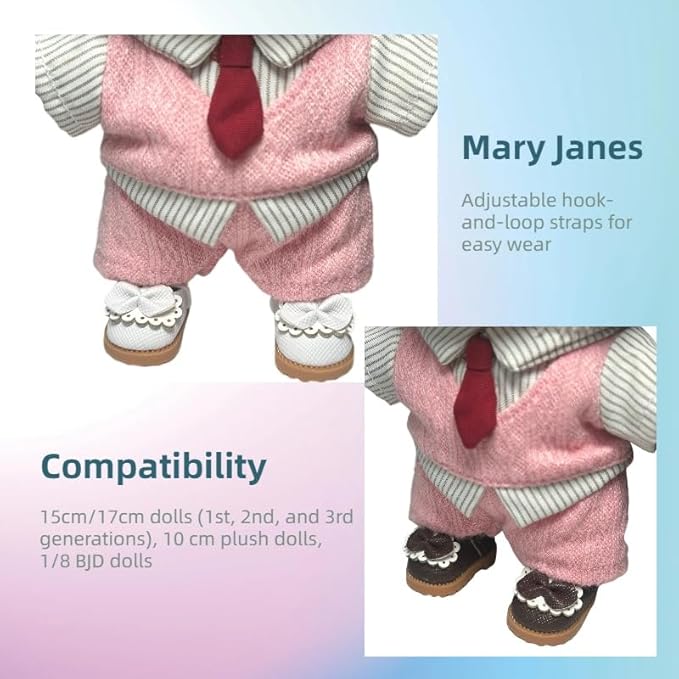 Premium Doll Shoes for Lububu, 15cm 17cm Dolls Accessories, Mini Leather Shoes Fashion Dress Up Doll Shoes Replacement (2, Mary Jane - White & Brown)
