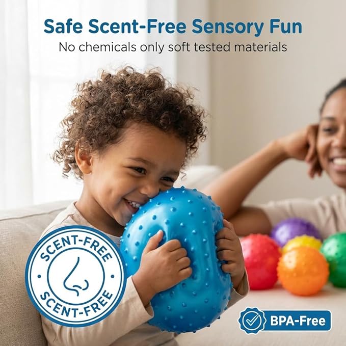 Bedwina Knobby Balls - Bulk 7 Inch Sensory and Spiky Massage Stress Balls for Toddlers, with Pump, Fun & Bouncy for Toddler, Kids Party Favors, Stocking Stuffers