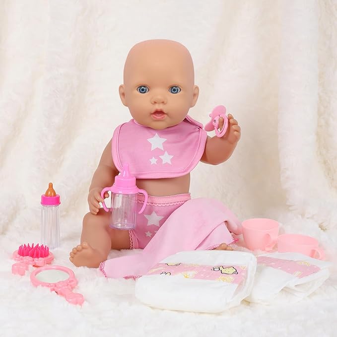 ECORELF Baby Doll Accessorie, 13 Pcs Doll Stuff Acessories Storage Diaper Bag Set for 14-18 Inch Dolls, Feeding and Caring Set Includes Diaper, Bottle etc Suitable Pretend Play