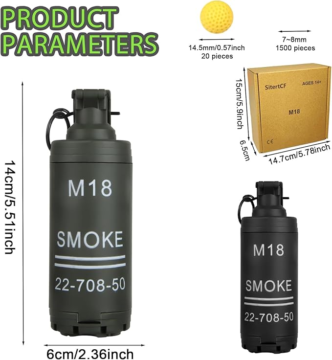Tactical Toy-Grenade for CS Battle Game,2Pcs Fall Resistant Refillable Hand Fake Grenade Toy with 20 Foam Ammo for 14+ Outdoor Sports