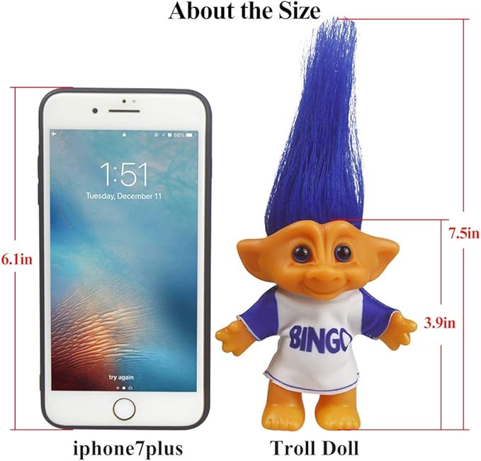 Vintage Troll Dolls, Retro Troll Doll Chromatic Adorable for Collections, School Project, Arts and Crafts, Party Favors - 7.5" Tall(Include The Length of Hair) (Blue)