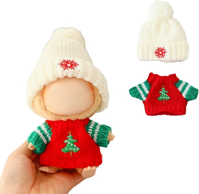 Christmas Clothes for Lu bubu 17cm Dolls(No Doll) Accessories Stylish Kawaii Festive Christmas Tree Sweater Outfit Set 2 Pieces Suitable for 17cm Doll , Xmas Doll Clothing Set Replacement