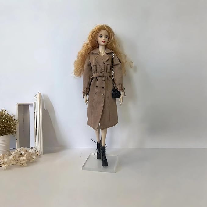 Classic Trench Coat Outfit Set for 11.5-12 Inch Fashion Dolls, Khaki Double-Breasted Coat with Belt, Quilted Handbag, Black Lace-Up Ankle Boots, 1/6 Scale Doll Accessories Miniature Couture