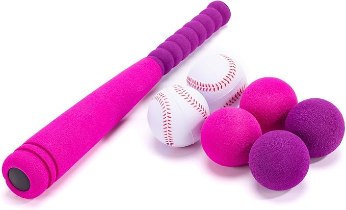 CeleMoon 16.5 Inch [Mini Size] Soft Foam Baseball Bat for Girls, Tball Softball Batting Toy Set with 6 Balls, for Kid Toddler Daughter 3 Years Old Indoor Outdoor Sport Playing Game, Pink