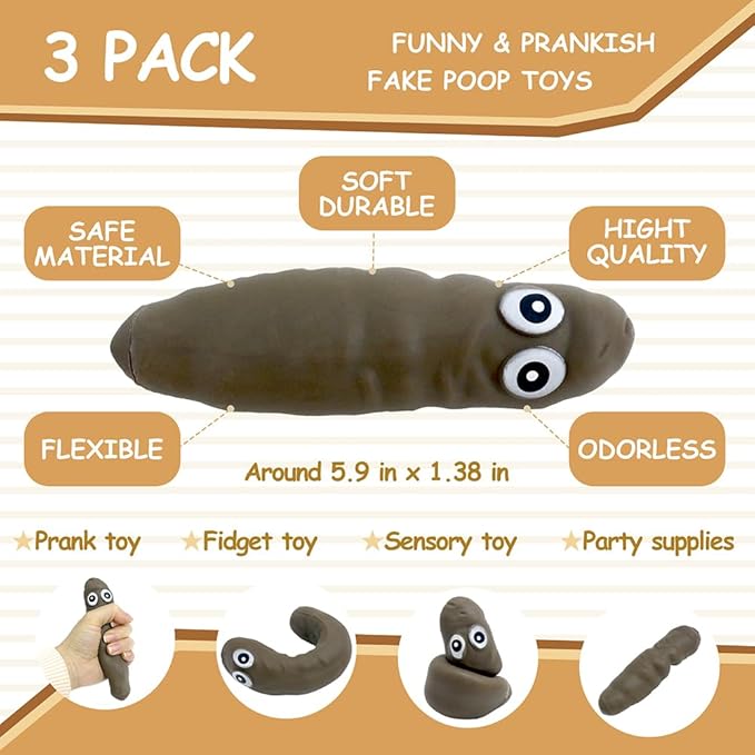 2 Pack Novelty Sensory Poo Shape Stress Relief Stretchy Fidget Toy, Brown Fool Tricky Prank Poop Joke Autism Toys & Party Favors for Kids and Adults