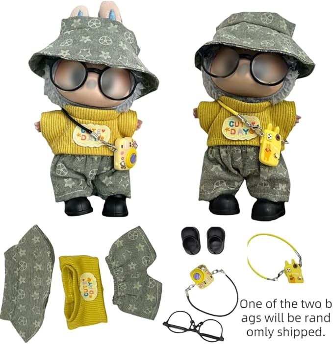17cm Doll Clothes for lububu,Designer Clothes Suitable for lububu Dolls Outfits and Accessories Set,Including Top +Pants+Hat+Glass+Bag(Two Types of Random Distribution)+Shoes 6PCS,Not Doll(Yellow)