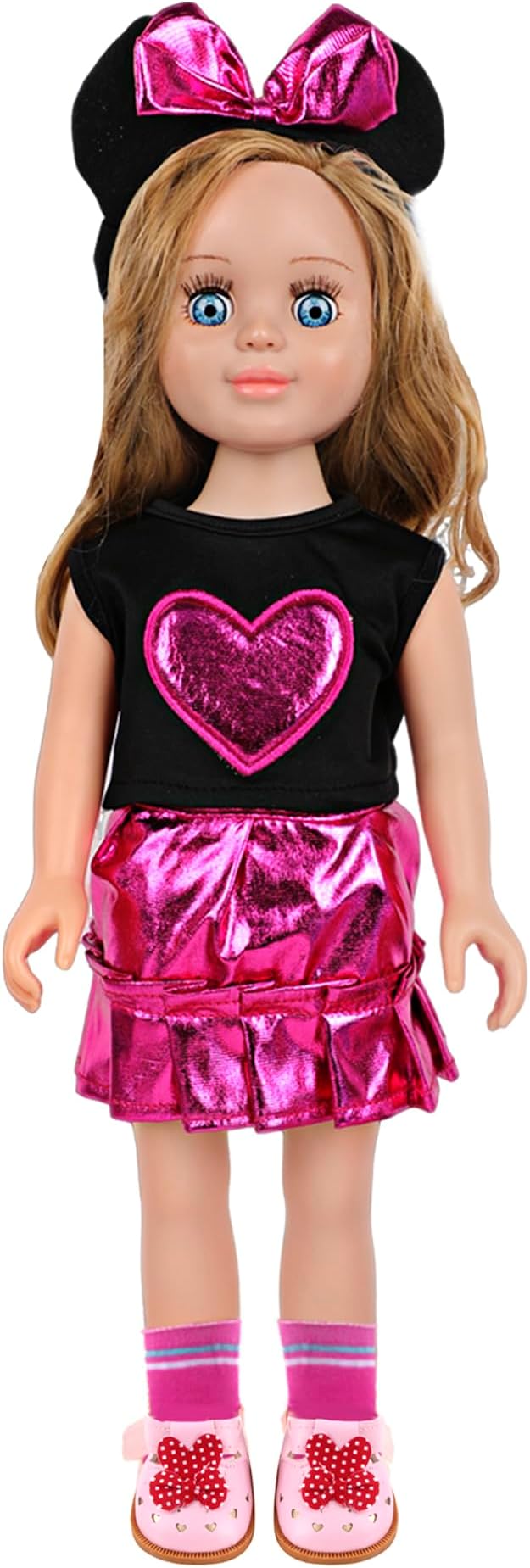 MSYO 18 Inch Doll Clothes & Accessories Set,Black Pink Heart Top & Metallic Pink Skirt Outfit with Mouse Ears Headband,Sunglasses,Socks,Shoes,Necklace,Fits 16-18 Inch Baby Dolls(Rose)
