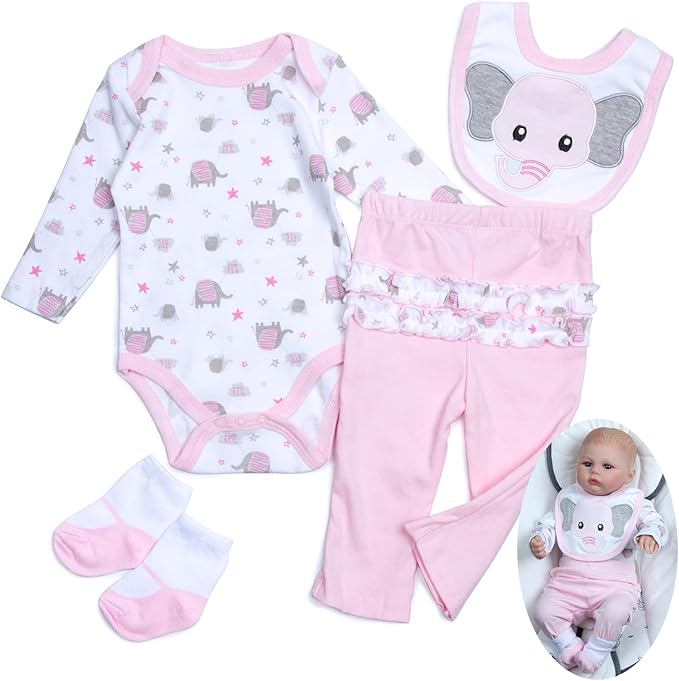 4 pcs Reborn Baby Doll Clothes Set for 17-22 Inch Newborn Baby Dolls Pink Doll Outfits with Bodysuit Bib Socks Girl Doll Accessories