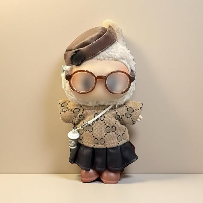 17cm Doll Clothes for lububu,Cl othes Suitable for lububu Dolls Outfits and Accessories Set,Including Top+Hat+Bag+Skirt+Shoes+Glass - 6PACS Not D oll(Brown)