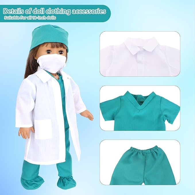 MSYO 18-Inch Doll Doctor Playset-Pretend Play Medical Kit with White Coat,Scrubs & Surgical Tools,STEM Roleplay Costume for Kids Ages 3-12,Fits Most 18-Inch Girl & Boy Dolls(Green)