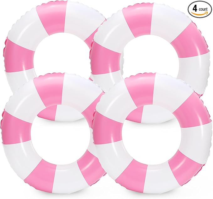 Whaline 4Pcs Inflatable Swimming Float Toy Striped Swim Ring Fun Print Pool Lounger Tube for Summer Swimming Beach Party