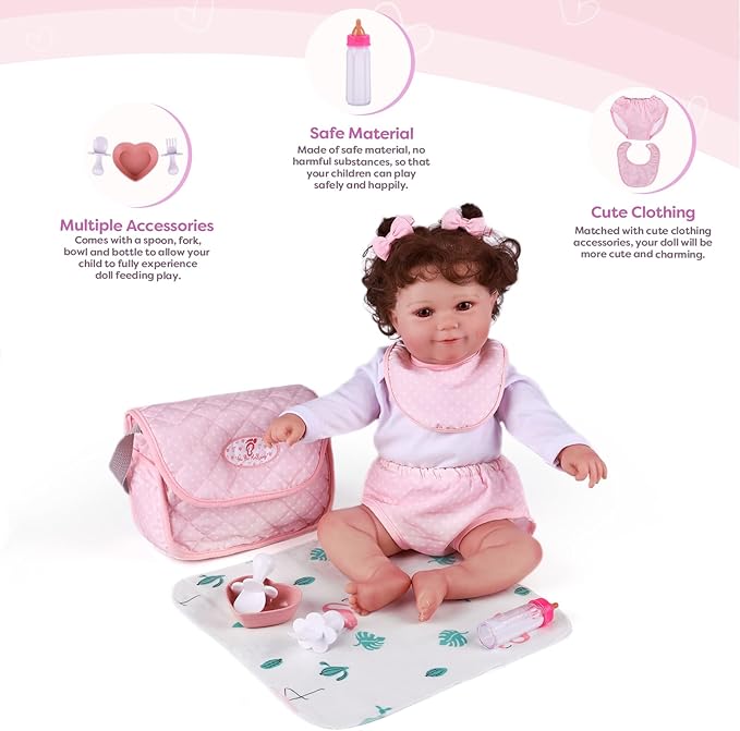BABESIDE 8 Pcs Baby Doll Diaper Bag Set for 17-22 inch Dolls, Baby Doll Feeding Accessories with Disappearing Milk Toy Bottle and Spoon Fork Bowl for Pretend Play Toys, Pink