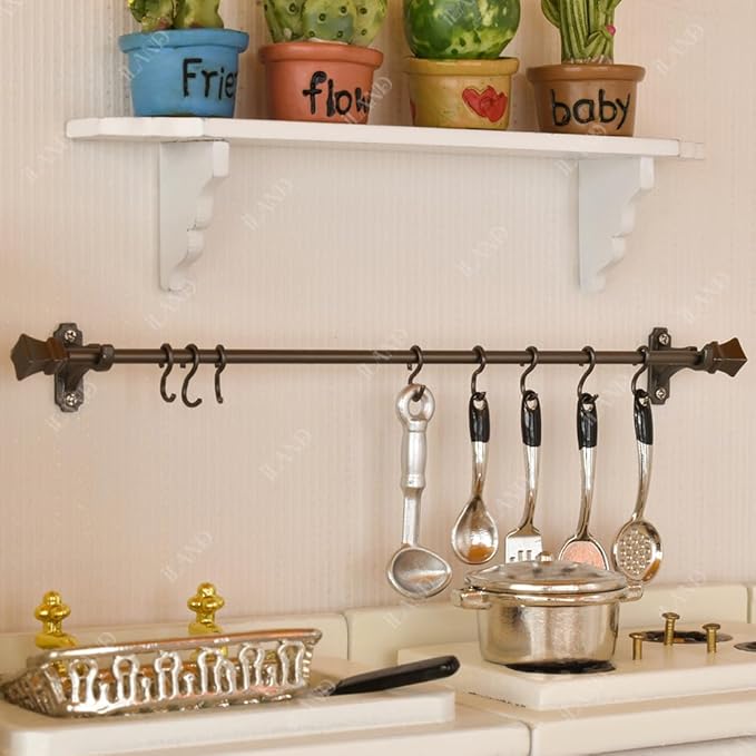iLAND Dollhouse Accessories on 1/12 Scale, Dollhouse Decor of Mini Curtain Rods, Dollhouse Kitchen Hangers (Classical Black)