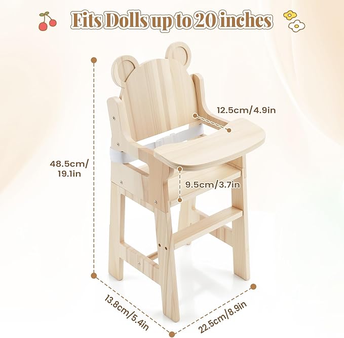 BABESIDE Wooden Baby Doll High Chair Set for 15-20 Inch Dolls Furniture, Babydoll High Chair with Adjustable Tray, Safe Straps and Baby Doll Accessories for Kids Pretend Play Toys