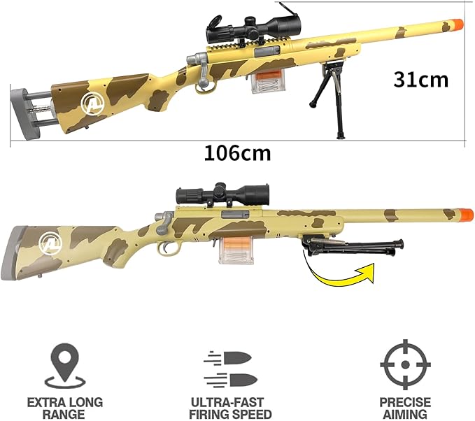 AGM MASTECH M24 Foam Blaster, Shell Ejecting, Safety Switch, Adjustable Stock 41.8 Inch, Fast Dart Loader, Scope, 40 Darts, 20 Casings, 2 Mags, Tactical Gear for Teens 14+ Adults(Yellow)
