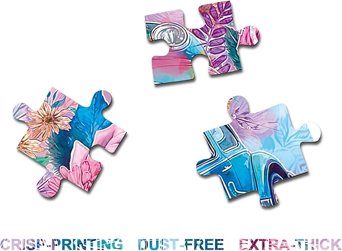 Colorful Car Flower Puzzles for Adults 1000 Pieces, Gradient Inspirational Plant Art Jigsaw Puzzles, Beautiful Butterfly Floral Impossible Aesthetic Puzzle