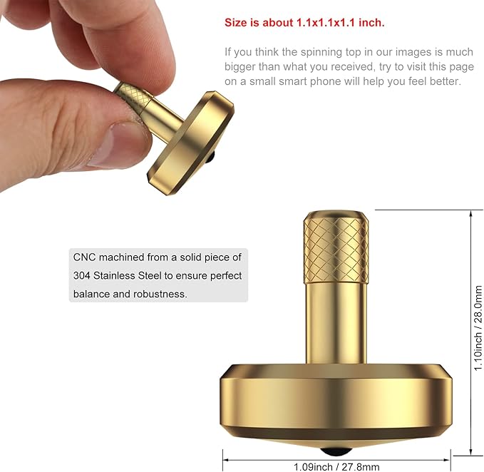 DjuiinoStar Ruby Tipped Brass Spinning Top, 5-10 Minutes by Twirling, CNC Machined from Solid Metal, High Precision Desk Toy, Great Gift Option DST-825