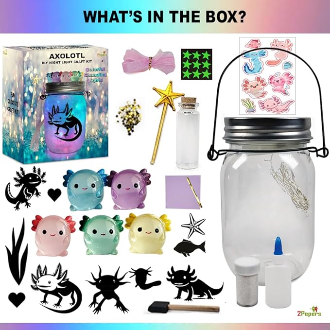 Make Your Own Axolotl Lantern Jar Night light Arts and Crafts for Kids, Axolotl Gifts, Birthday Present for Girls and Boys Ages 3 4 5 6 7 8 9 10 11 12+ Years old, Toys for Little Girls Animals Craft