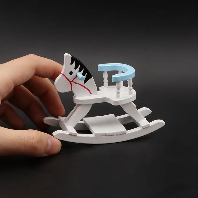 Dollhouse Miniature Rocking Horse Chair 1:12 Scale Wooden Accessories Cute Cockhorse Dollhouse Furniture Decoration Model Baby Room (Blue)