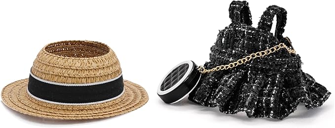 Doll Clothes for 17cm Dolls, Premium Handmade with Luxury Chic Style Set 3 Piece Set Including a Clothes, Black Bag and Straw Hat, - High-End Dolls Accessories for Play & Display for Play & Display
