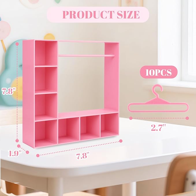 Doll Clothes Closet/Wardrobe Large Plus 10 Hangers, Doll Accessories Display Box, Clothes Storage for Figures, Portable Storage for Fashion Doll Clothes, Gift (Pink)