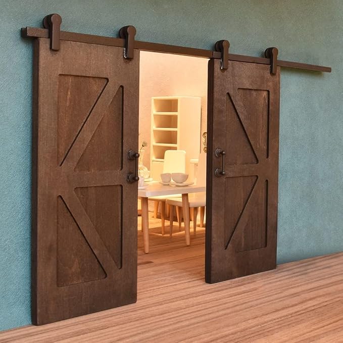 iLAND 1/12 Scale Accessories of Dollhouse Door Miniature Wooden Barn Doors w/Sliding Rods for Dollhouse Décor Doll House Accessories and Furniture Black