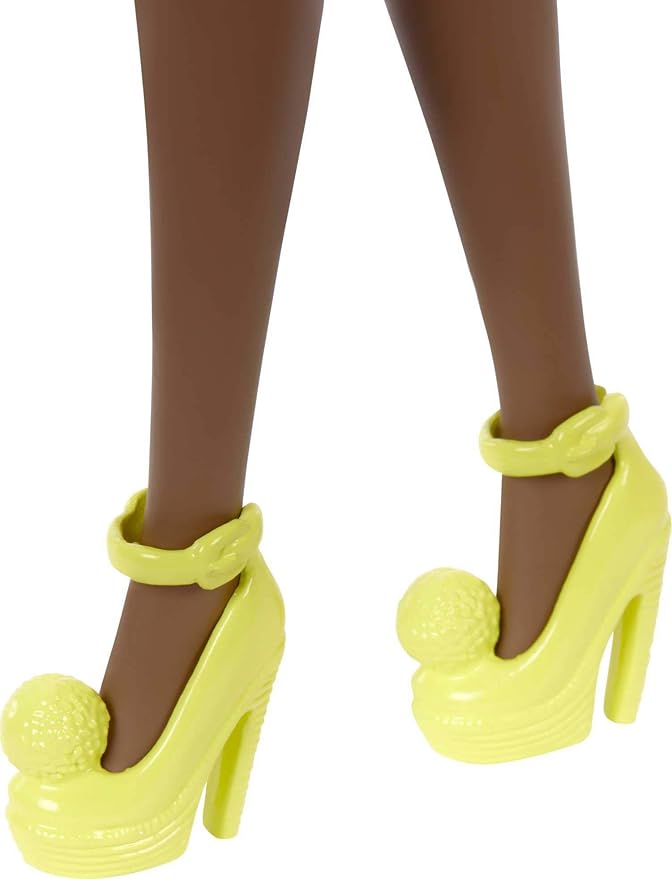 Barbie Fashionistas Doll #156 with Brunette Afro & Blue Lips Wearing Graphic Coat Dress & Yellow Shoes, Toy for Kids 3 to 8 Years Old