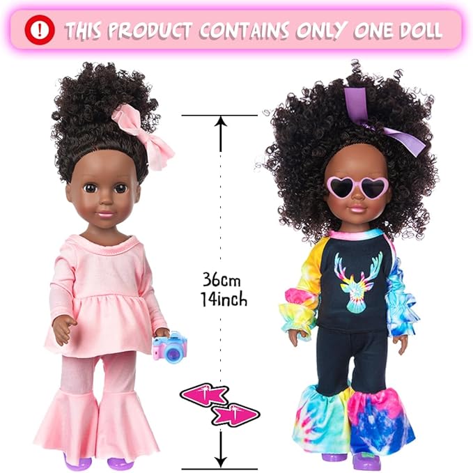 iBayda 14.5 Inch African-American Silicone Baby Doll - Realistic Black Girl Doll with 2 Outfits, Shoes, Backpack, Camera, Glasses & Phone Accessories (Washable)