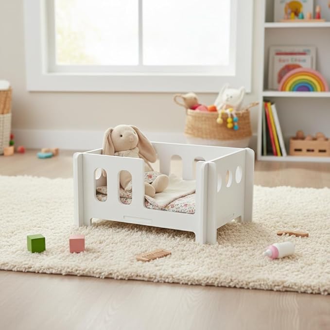 Miniature Bed for 17cm Dolls, Sturdy Plastic Fence Dollhouse Furniture, Washable Foldable Tiny Bed for Desktop Display and Bedroom Scene (White)（The Blankets are Chosen Randomly.）
