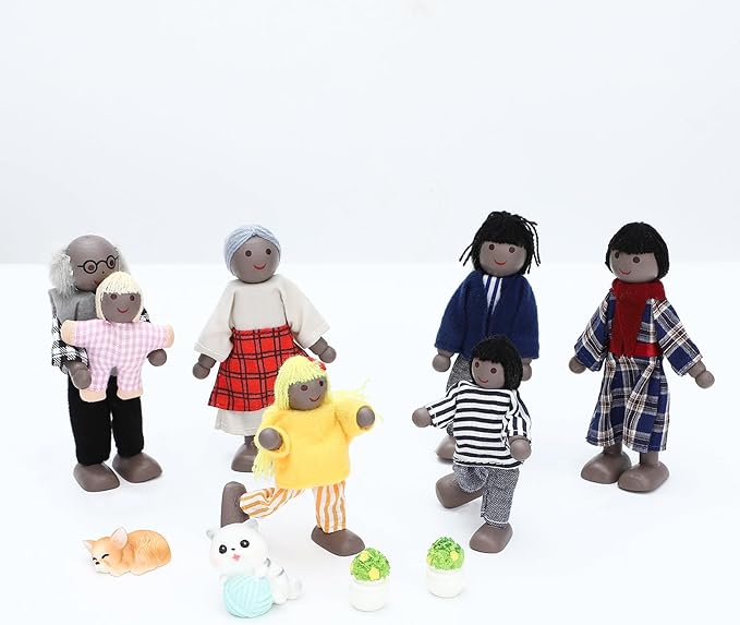 ONEST 18 Pieces Wooden Dollhouse Family Set Mini People Figures Dog Cat Sets Dollhouse Dolls Wooden Doll Family Pretend Play Figures Accessories for Pretend Doll House Toy