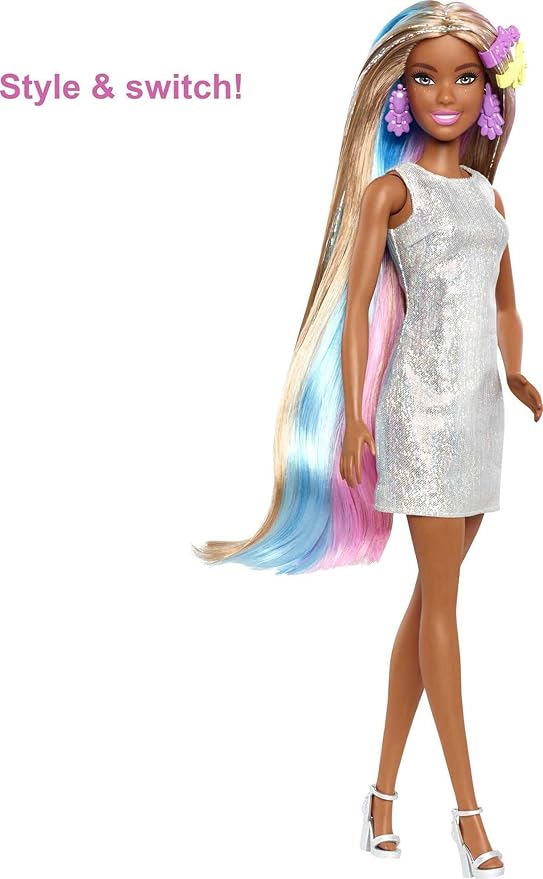Barbie Fantasy Hair Doll & Accessories, Long Colorful Brunette Hair with Mermaid and Unicorn-Inspired Clothes