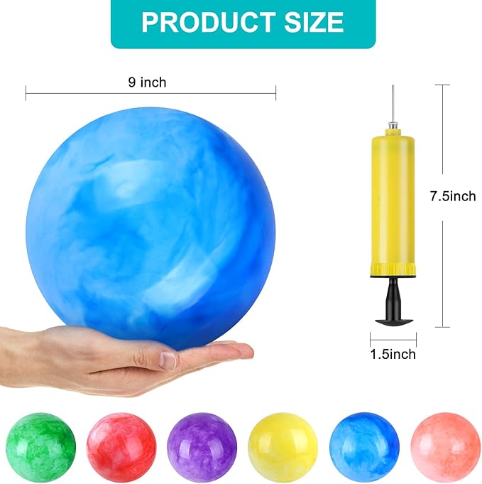 12 Pcs Playground Balls with 2Pump, 9 Inches Marbleized Bouncy Balls for Kids, School, Beach, Indoor/Outdoor Play Balls