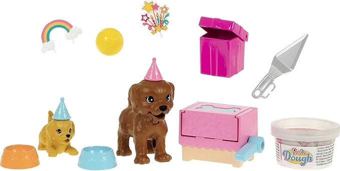 Barbie Puppy Party Doll and Playset, Blonde Doll with Sunflower Dress, 2 Pet Puppies, Cake Mold, Dough and Accessories