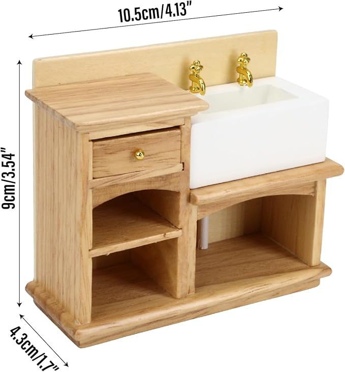 Dollhouse Sink 1/12 Scale Miniature Furniture Bathroom Mini Kitchen Sink with Cabinet Set Dolls House Wooden Accessory Doll Farmhouse Accessories