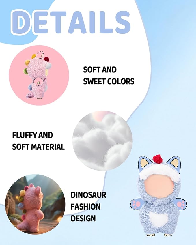 Clothes for LABUBU 17cm Doll (NO Dolls), Dinosaur Outfit for LABUBU, Dino Dolls Keychain Accessories, Faking Animal Style Outfit Jumpsuit Dinosaur Costume for Dolls (Black)