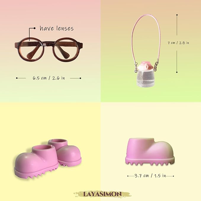 Clothes for 6.7in/17cm Dolls (Without Dolls) Sets and Accessories,6PCS (Hat + Glasses + t-Shirt + Pants + Water Bottle + Shoes), Collectors and As Gifts. (Pink and Yellow Duplex)