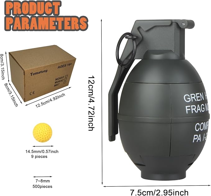 Toy-Hand Grenade for CS Battle Game,with 9 Foam Ammo Green Tactical CS-Grenade Fun Impact,Pull Ring Grenade Halloween Toy Outdoor Sport for Age 14 Years Old and up and Adults