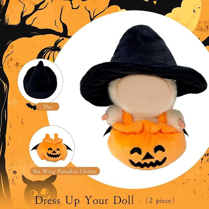 17cm Doll Clothes for Doll, Clothes for Dolls Outfit, Halloween Pumpkin Overalls Witch Hat for Dolls Accessories,Halloween Clothes Set for Doll (No Doll)(Black Hat Pumpkin Clothes)