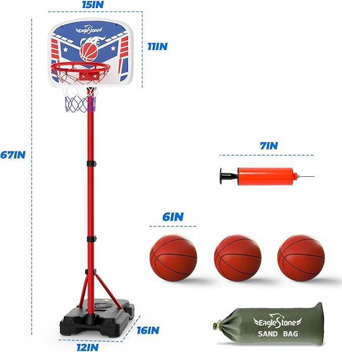EagleStone Kids Basketball Hoop with Stand, Adjustable Height Basketball Set Toddler Toys for Boys and Girls Age 3-12, Indoor Outdoor Backyard Sport Game Gift with Sandbag for Stability