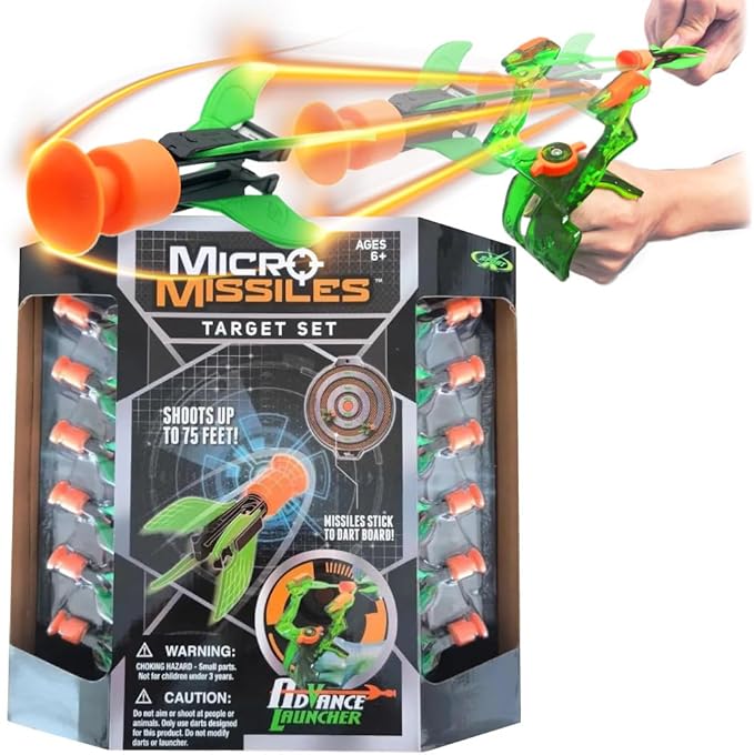 Amazing TOYZ Micro Missiles Green Bow and Arrow Toy for Kids 3 Inches Suction Cup Toy Rocket Launcher with Slingshot, Sticky Target Games Outdoor Backyard Play Birthday Gifts for Boys Girls Ages 6-12