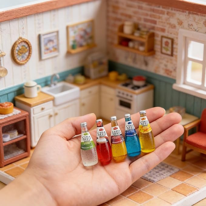10Pcs 1:12 Scale Miniature Beverage Bottles, Dollhouse Drink Accessories for Mini Bar Kitchen Decor (Ten Bottles of mini - Sized sodas)