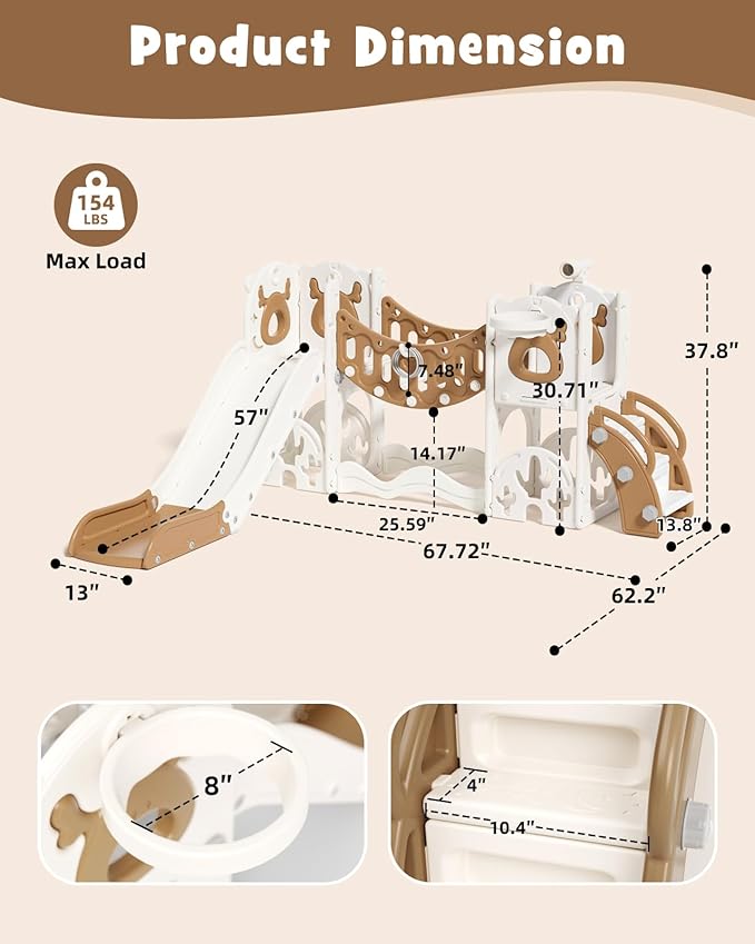 XJD Toddler Slide,11 in 1 Kids Slide for 1-3, Toddler Climbing Toys,New Upgrade with Golf Set, Basketball Hoop for Indoor Outdoor Playset (Brown White)